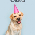 Yellow Labrador Retriever Puppy Dog wearing a pink Birthday party hat Blue background