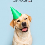 Yellow Labrador Retriever Puppy Dog wearing a green birthday party hat Blue background