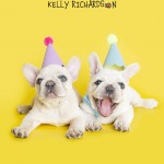 Two White French Bulldogs wearing birthday hats